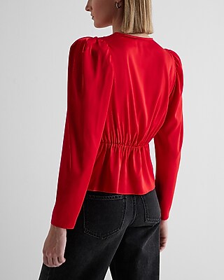 Satin Puff Shoulder Draped Faux Wrap Peplum Top
