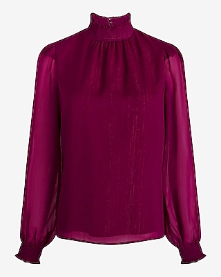 Metallic Sheer Smocked Mock Neck Balloon Sleeve Top