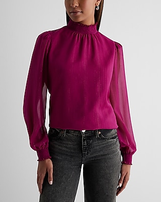 Metallic Sheer Smocked Mock Neck Balloon Sleeve Top
