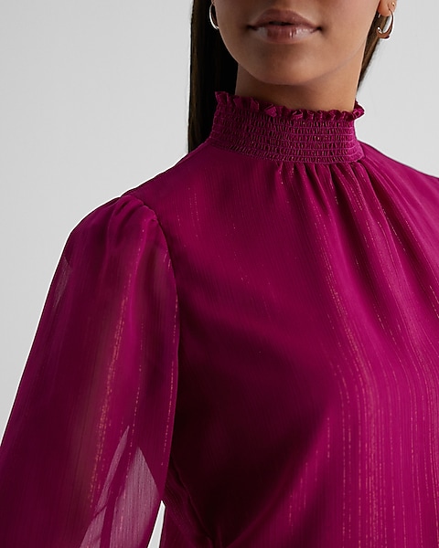 Metallic Sheer Smocked Mock Neck Balloon Sleeve Top | Express Metallic Sheer Smocked Mock Neck Balloon Sleeve Top | Express