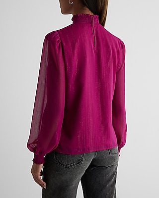 Metallic Sheer Smocked Mock Neck Balloon Sleeve Top