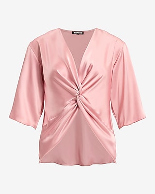 Satin V-Neck Elbow Sleeve Twist Front Top