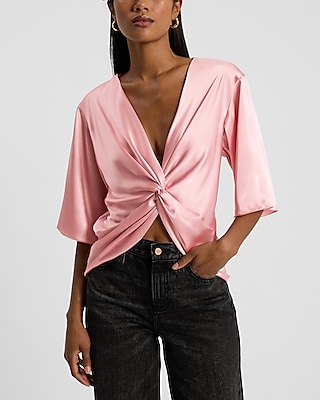 Satin V-Neck Elbow Sleeve Twist Front Top