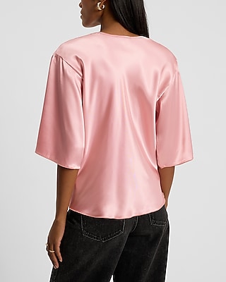 Satin V-Neck Elbow Sleeve Twist Front Top