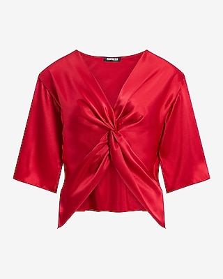 トップス Esan Satin V-neck Elbow Sleeve Twist Front Top | Express