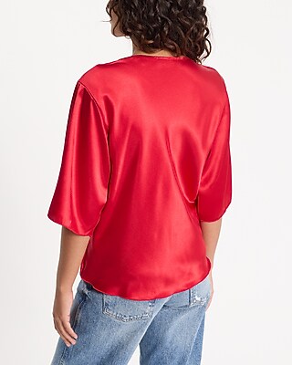 トップス Esan Satin V-neck Elbow Sleeve Twist Front Top | Express