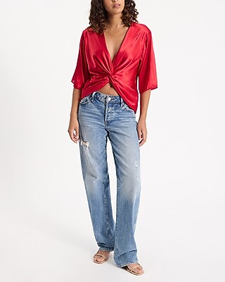 トップス Esan Satin V-neck Elbow Sleeve Twist Front Top | Express