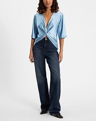 Satin V-neck Elbow Sleeve Twist Front Top | Express