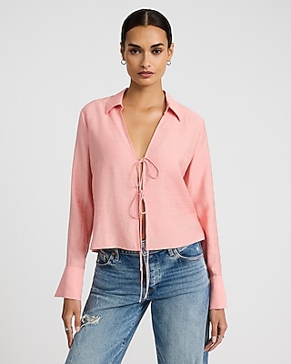 Textured Slub Tie Front Long Sleeve Top