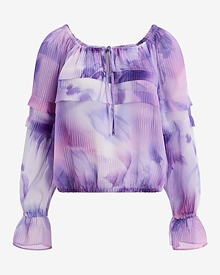 Printed Ruffle Tie Neck Long Sleeve Top