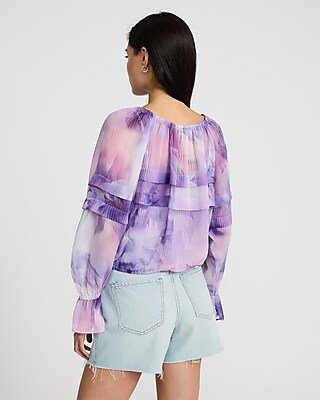 Printed Ruffle Tie Neck Long Sleeve Top