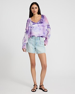 Printed Ruffle Tie Neck Long Sleeve Top