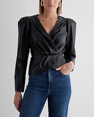 8 By YOOX LEATHER PUFF-SLEEVE WRAP BELTED TOP