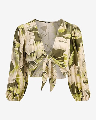 Printed Tie Front Cropped Blouse