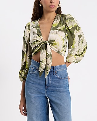 Printed Tie Front Cropped Blouse