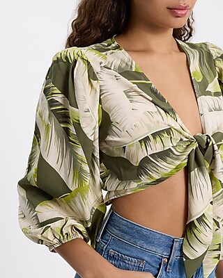 Printed Tie Front Cropped Blouse