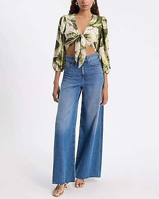 Printed Tie Front Cropped Blouse