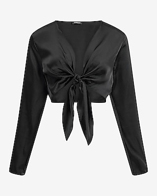 Satin V-Neck Long Sleeve Tie Front Cropped Top