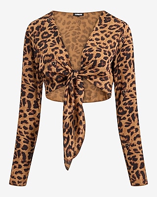 Leopard Satin V-Neck Long Sleeve Tie Front Cropped Top