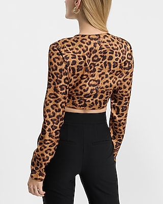 Leopard Satin V-Neck Long Sleeve Tie Front Cropped Top