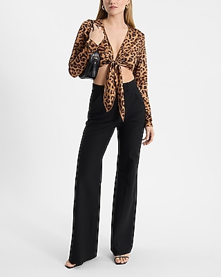 Leopard Satin V-Neck Long Sleeve Tie Front Cropped Top