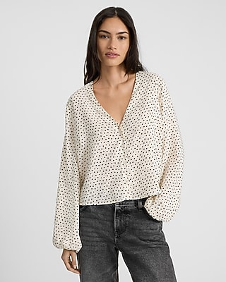 Polka Dot V-Neck Balloon Sleeve Shirt