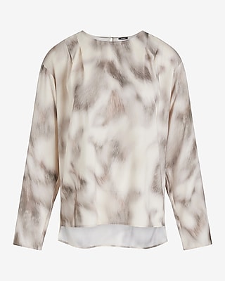 Satin Printed Gathered Shoulder Long Sleeve Top