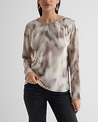 Satin Printed Gathered Shoulder Long Sleeve Top