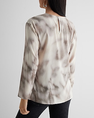 Satin Printed Gathered Shoulder Long Sleeve Top