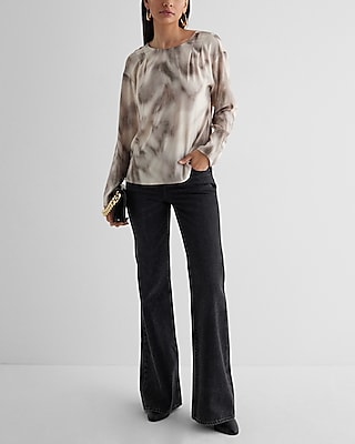 Satin Printed Gathered Shoulder Long Sleeve Top