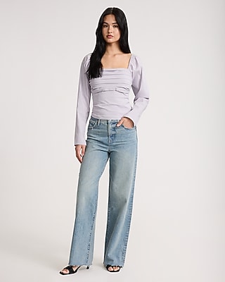 Pleated Square Neck Long Sleeve Top | Express