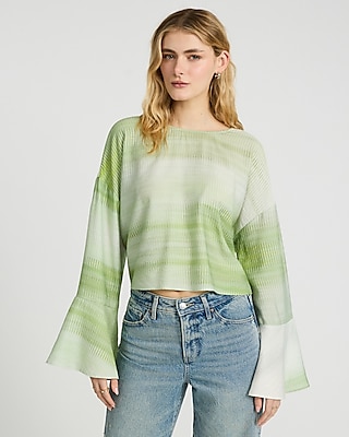 Printed Crew Neck Bell Sleeve Tie Back Top