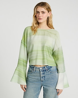 Printed Crew Neck Bell Sleeve Tie Back Top