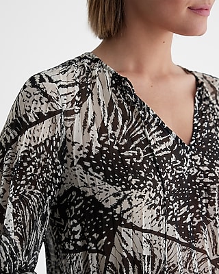 Printed Pleated Tie V-Neck Balloon Sleeve Top