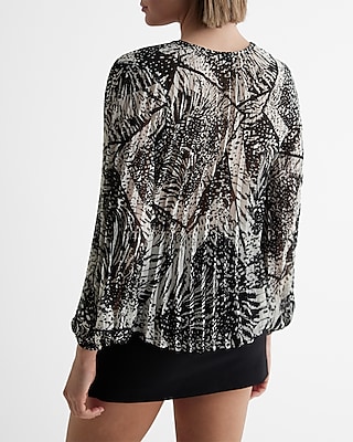 Printed Pleated Tie V-Neck Balloon Sleeve Top