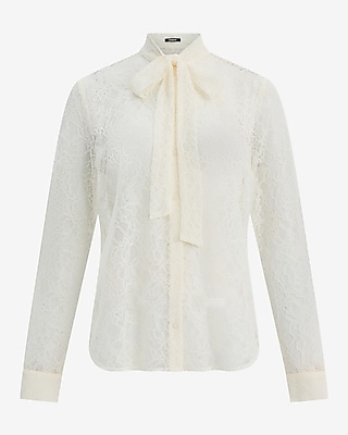 Sheer Lace Tie Neck Long Sleeve Button Front Top - thumbnail 6