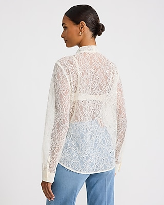 Sheer Lace Tie Neck Long Sleeve Button Front Top - thumbnail 3