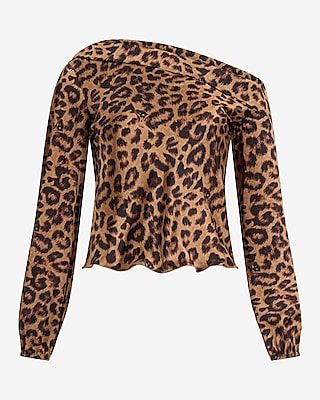 Leopard Print Satin Off The Shoulder Long Sleeve Blouse