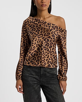 Leopard Print Satin Off The Shoulder Long Sleeve Blouse