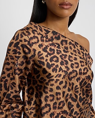 Leopard Print Satin Off The Shoulder Long Sleeve Blouse