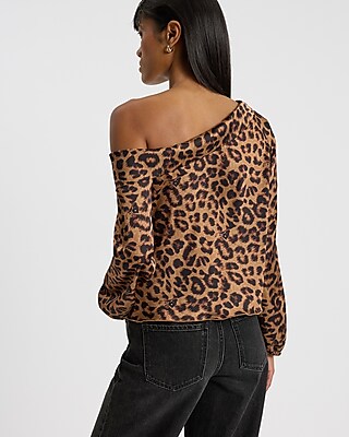 Leopard Print Satin Off The Shoulder Long Sleeve Blouse