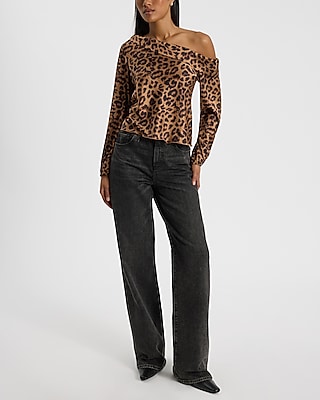 Leopard Print Satin Off The Shoulder Long Sleeve Blouse