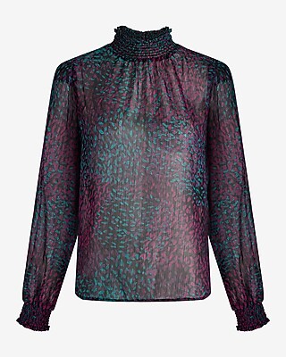 LS SMOCKED NECK POPOVER METALLIC STRIPE AO NEW PETALS PRINT 9710335:PRINT-PURPLE:XL