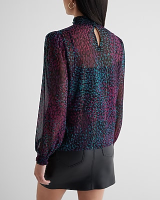 LS SMOCKED NECK POPOVER METALLIC STRIPE AO NEW PETALS PRINT 9710335:PRINT-PURPLE:XL