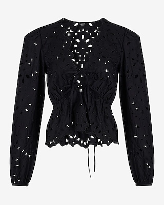 Eyelet V-Neck Double Tie Front Top