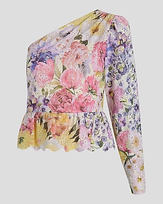 Eyelet Floral Gathered One Shoulder Peplum Top