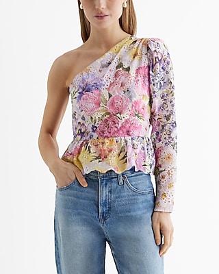 Eyelet Floral Gathered One Shoulder Peplum Top