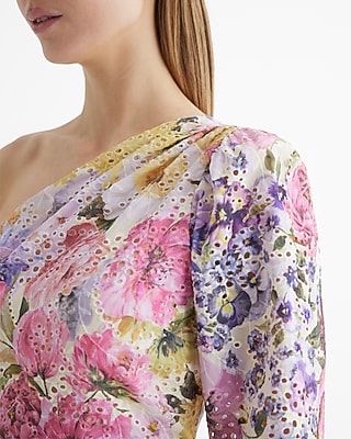 Eyelet Floral Gathered One Shoulder Peplum Top