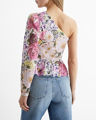 Eyelet Floral Gathered One Shoulder Peplum Top