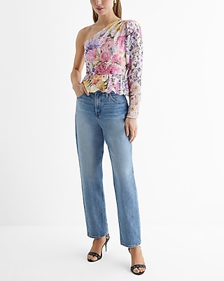 Eyelet Floral Gathered One Shoulder Peplum Top